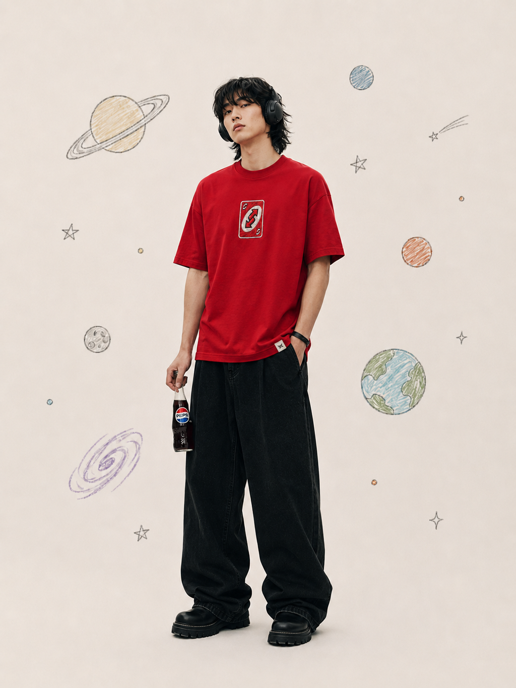 Red Uno Reverse Embroidered Regular T-Shirt